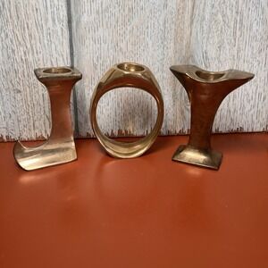 Vintage Solid Brass 3 Piece "JOY" Candlestick Holders Christmas Holiday India